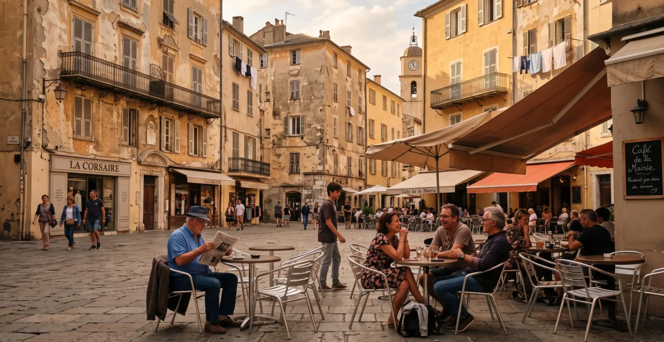 Place du vieux Bastia avec terrasses de café et façades ocre typiques de l'architecture corse, ambiance locale en fin d'après-midi