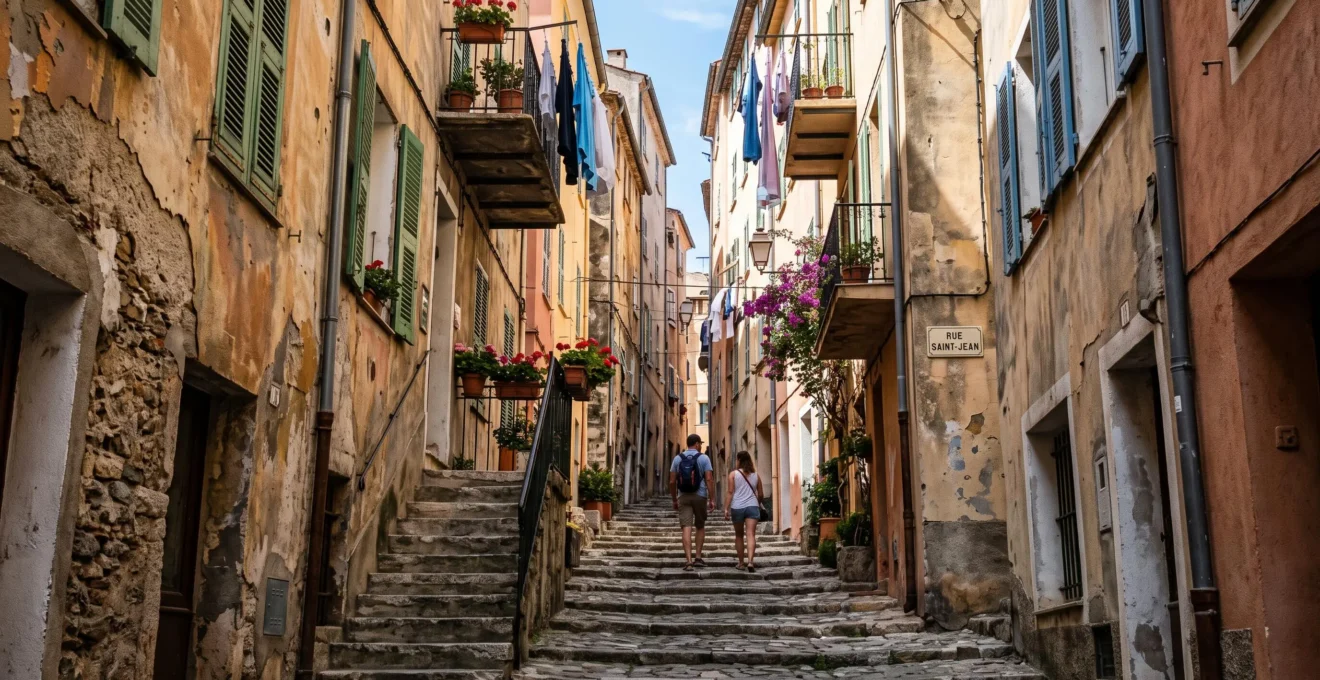 Ruelle étroite pavée du quartier historique Terra Vecchia à Bastia avec façades génoises ocre et linge séchant entre les immeubles