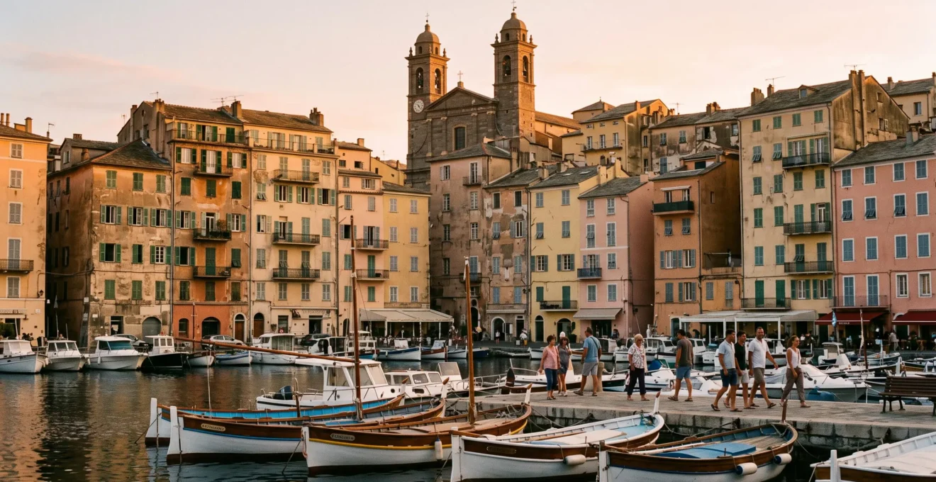 Le Vieux Port de Bastia au coucher du soleil avec ses façades génoises colorées et l'église Saint-Jean-Baptiste