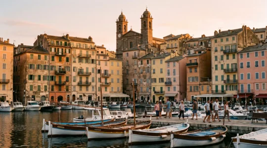 Le Vieux Port de Bastia au coucher du soleil avec ses façades génoises colorées et l'église Saint-Jean-Baptiste