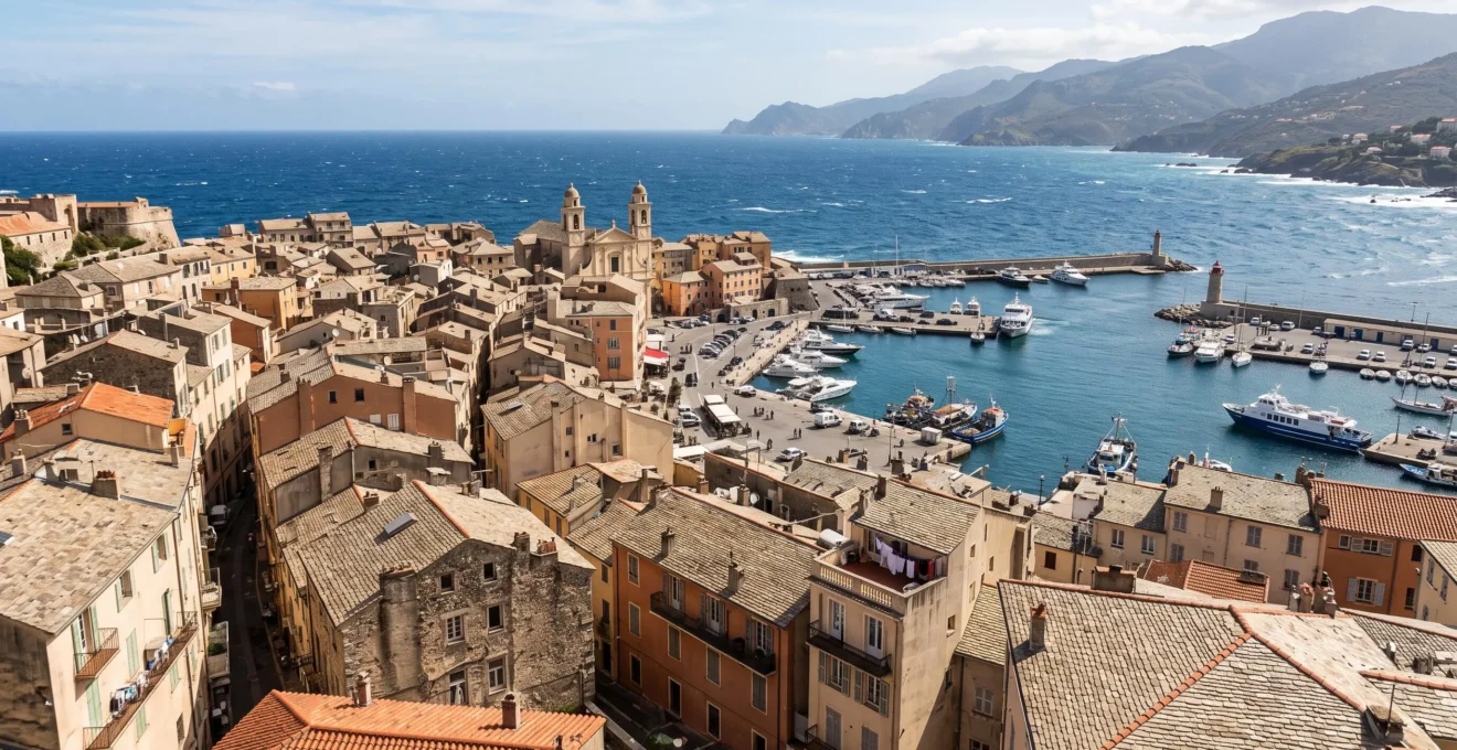 Vue panoramique élevée sur Bastia montrant les toits de la vieille ville, le port et la mer Méditerranée